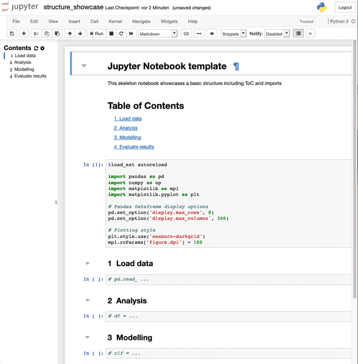 Using a Jupyter notebook template (which sets up default imports and structure) and the Table of Contents (toc2) extension, which automatically numbers headings. The Collapsible Headings extension enables hiding of section contents by clicking the grey triangles next to the headings.